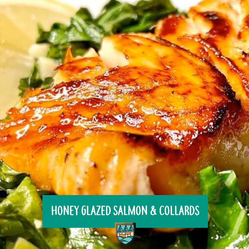 Honey glazed salmon and collards